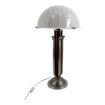 Importante lampe Art Déco Moderniste, Bois, Bronze, Verre Opalin, c. 1930