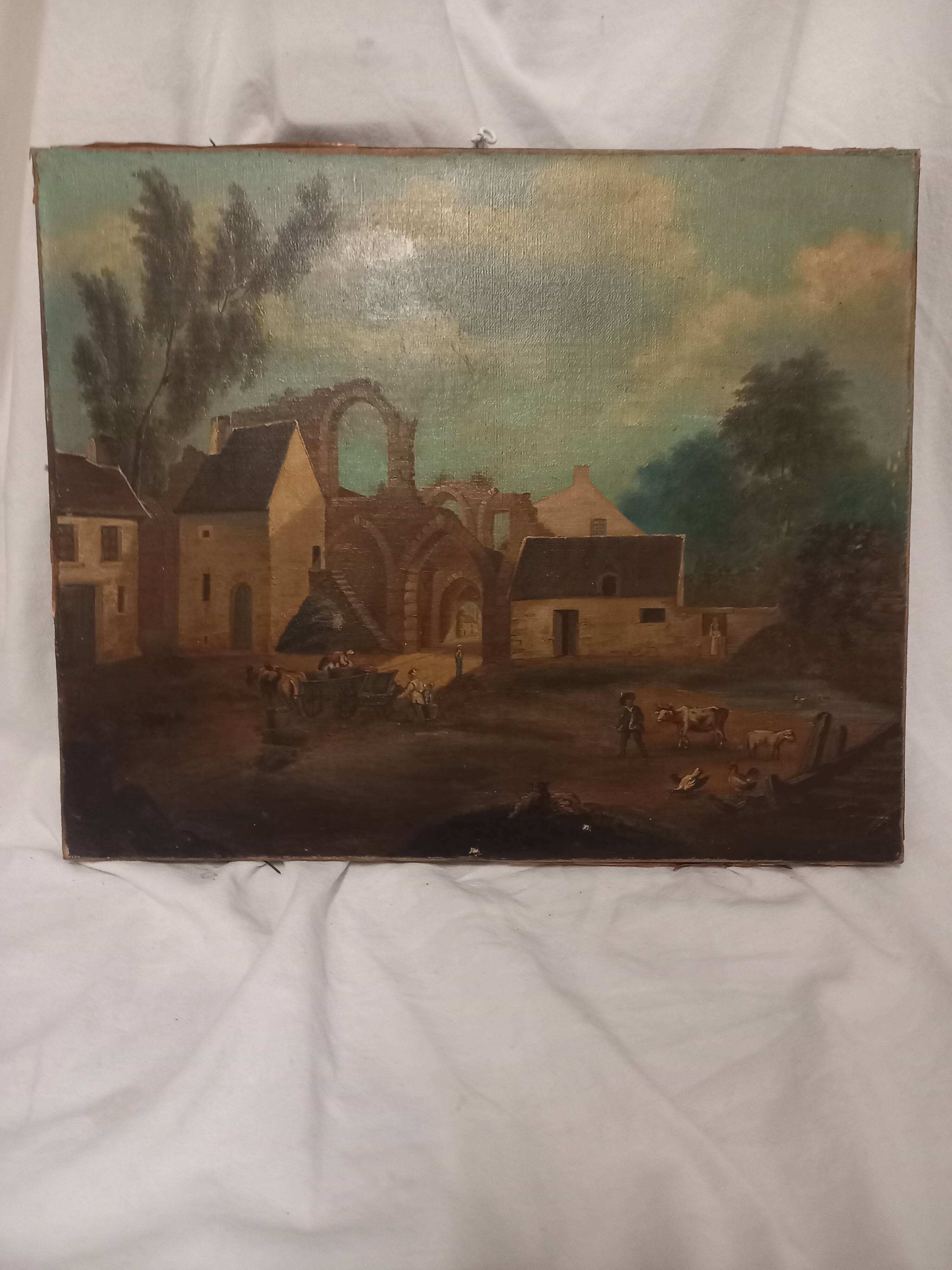 Ancient painting, French school of the 18th century, bucolic scene, ruins.