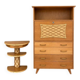 Vintage secretary ensemble and wooden and rattan side table