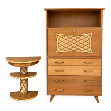 Vintage secretary ensemble and wooden and rattan side table