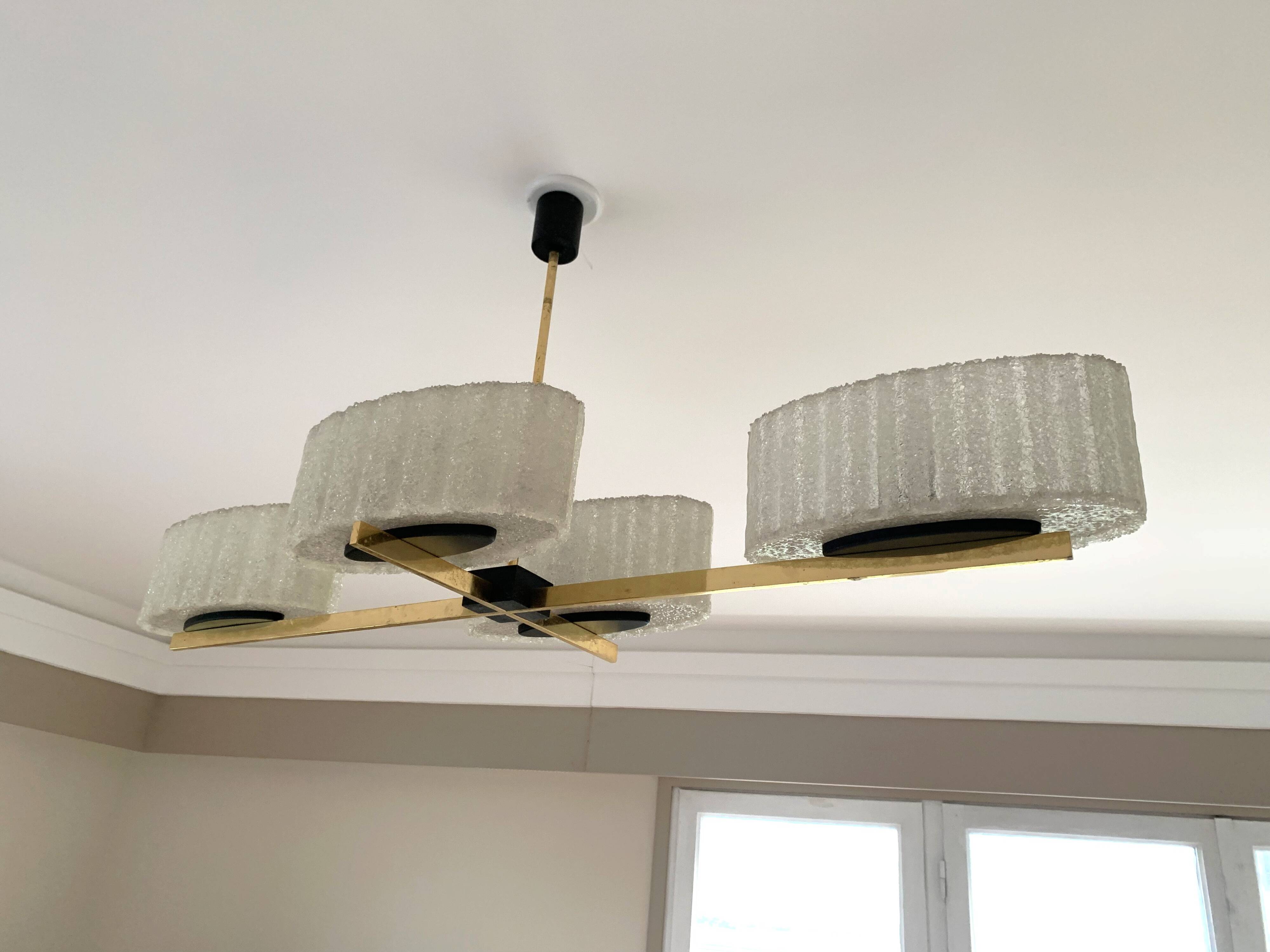 Large vintage 4-arm pendant light by Maison Arlus, designed in the 1950s-60s
