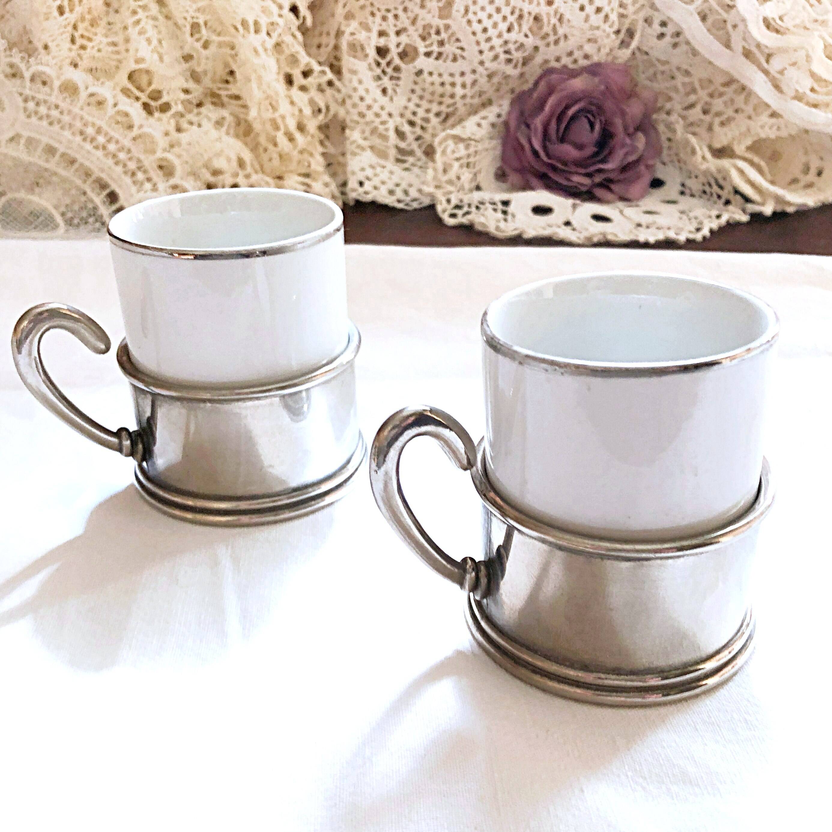 Duo Italian Porcelain Cups with Vintage Monopoly Pewter Holder