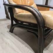 Vintage camel leather lounge chair with ottoman – wooden frame – 1970s