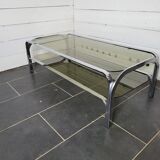 Chromed metal coffee table with smoked glass top from the 70s