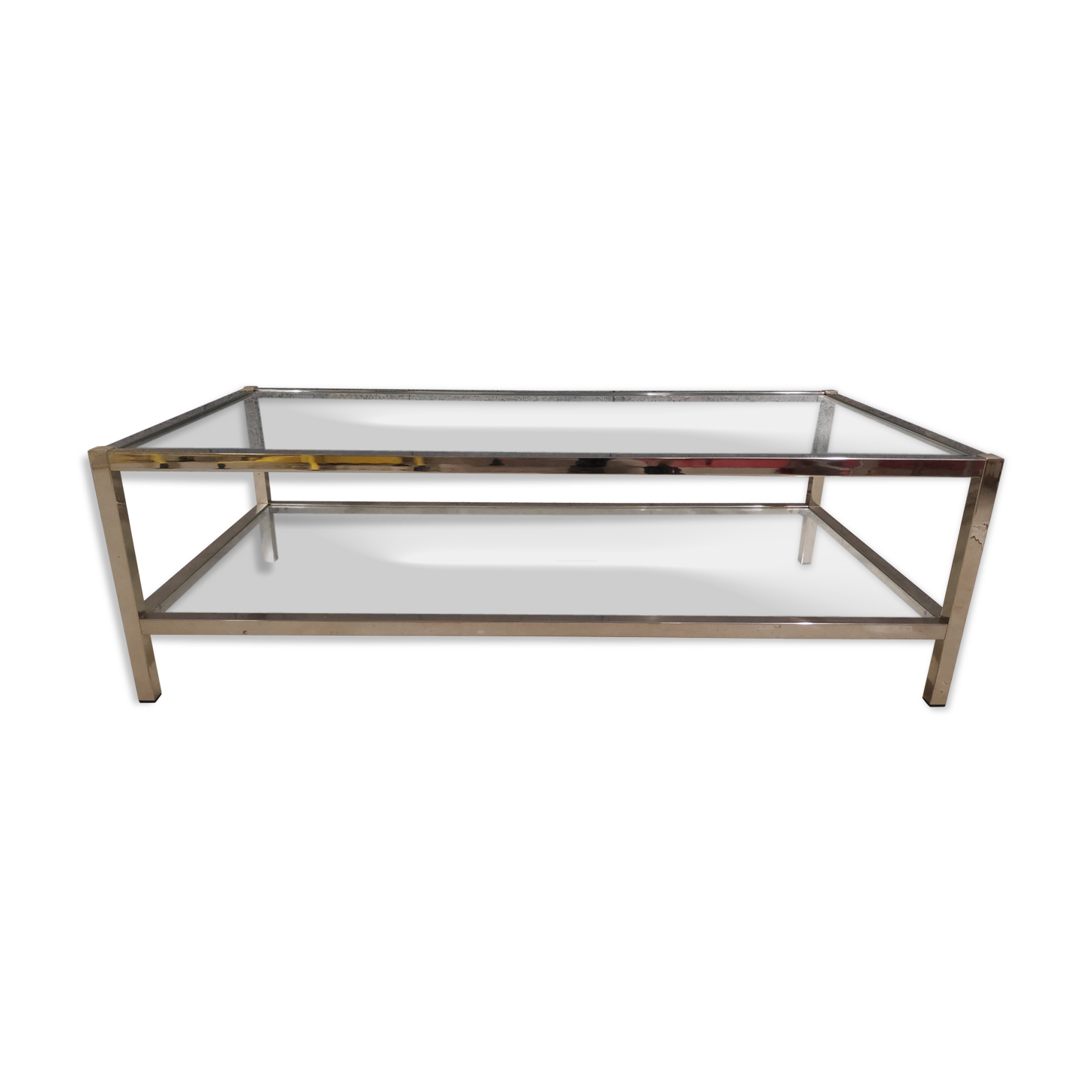 Vintage bevelled glass coffee table and lightly gilded square metal tubes from the 70s/80s