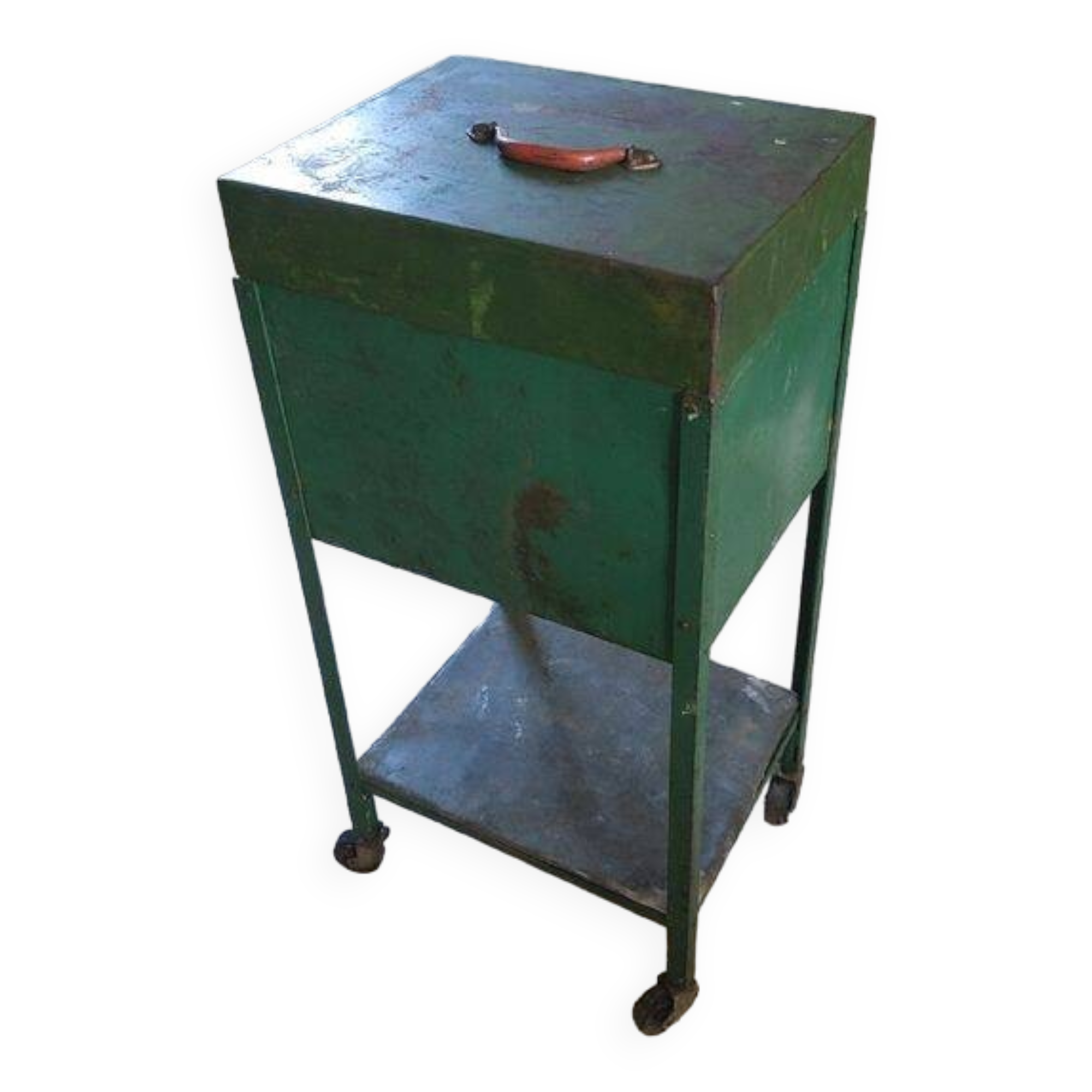 Industrial green metal bedside storage from the 50s