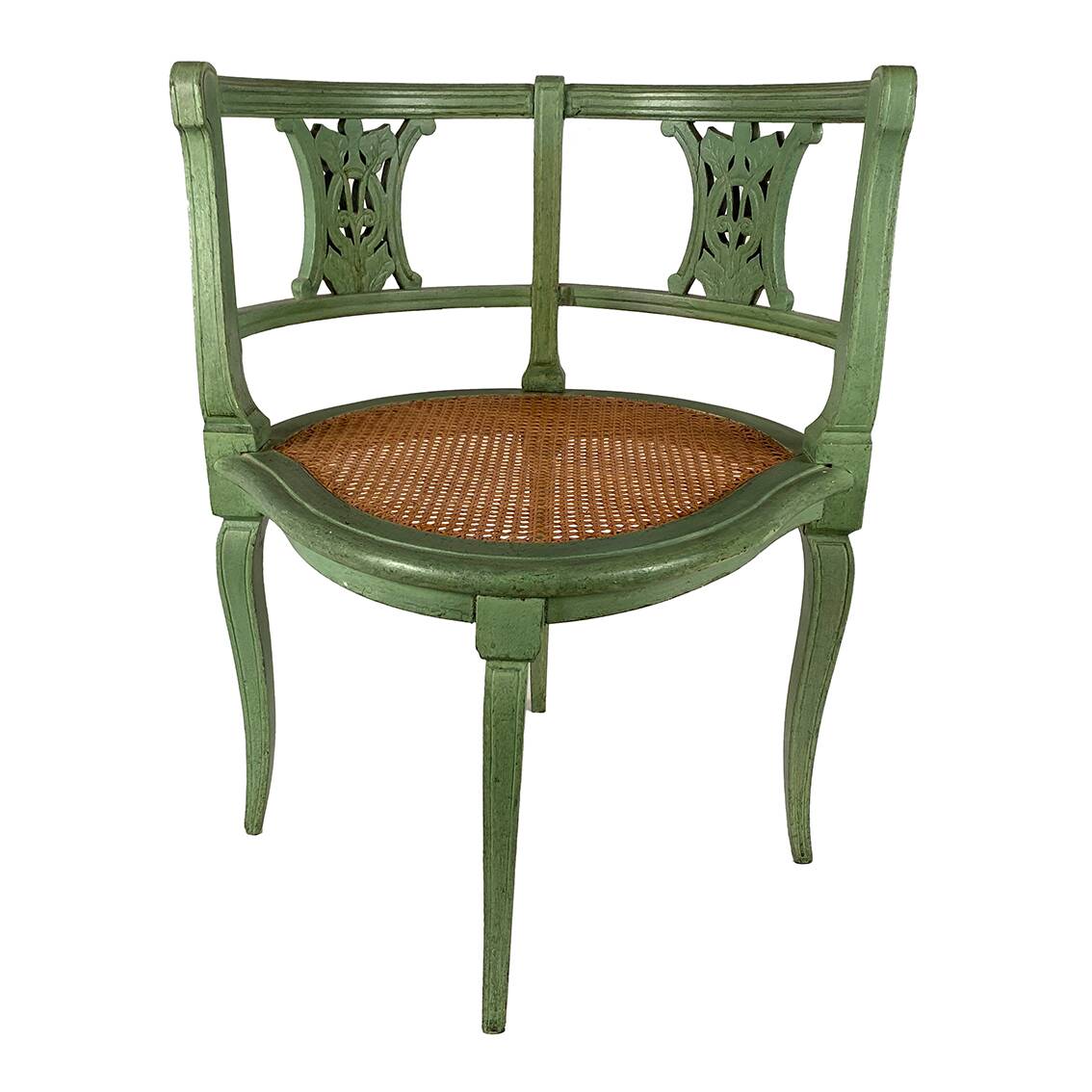 Chaise de coin en bois laqué vert et assise cannée, XXe