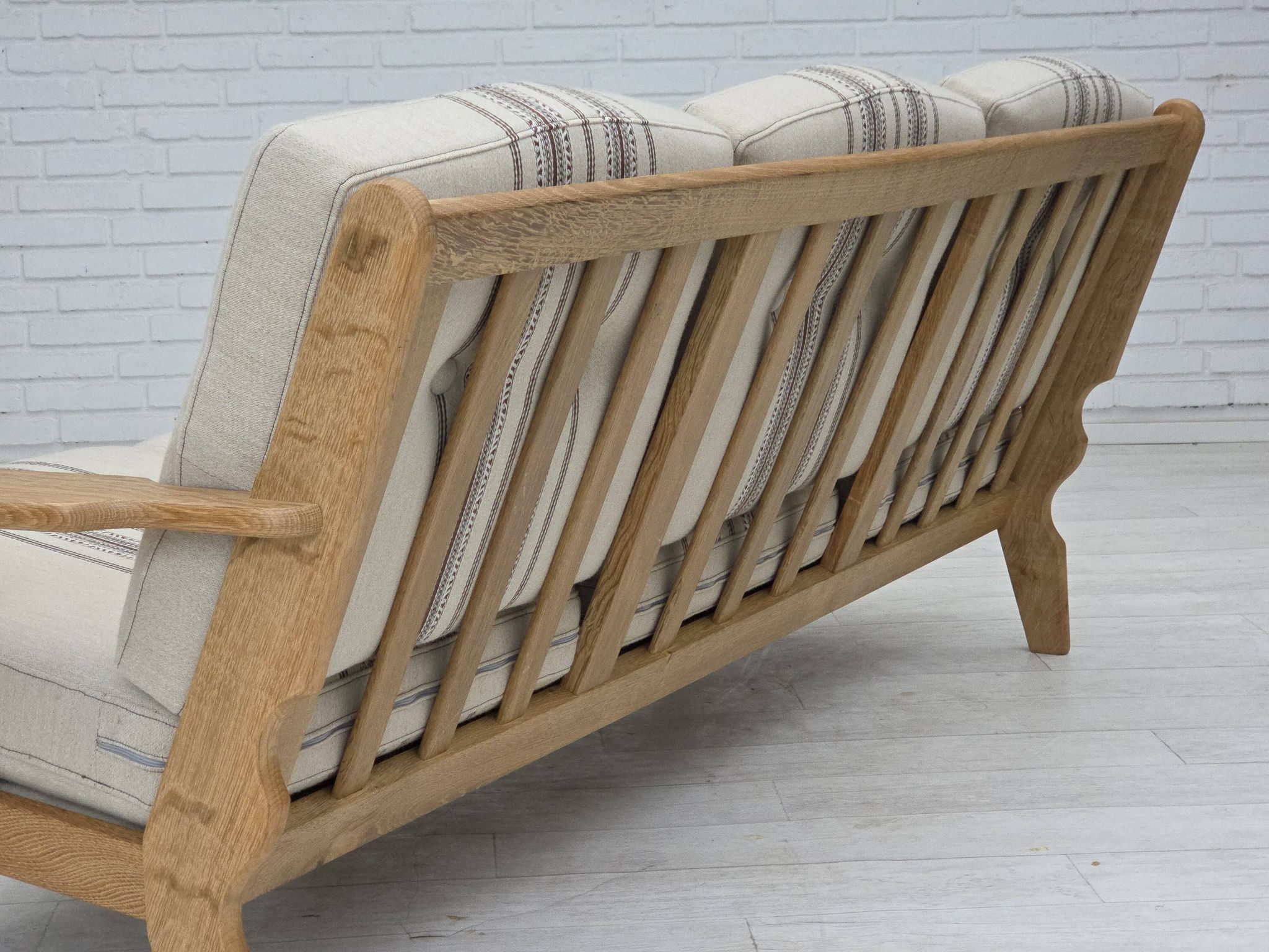 1970s, Danish 3-seater sofa, beige furniture wool, solid oak wood.