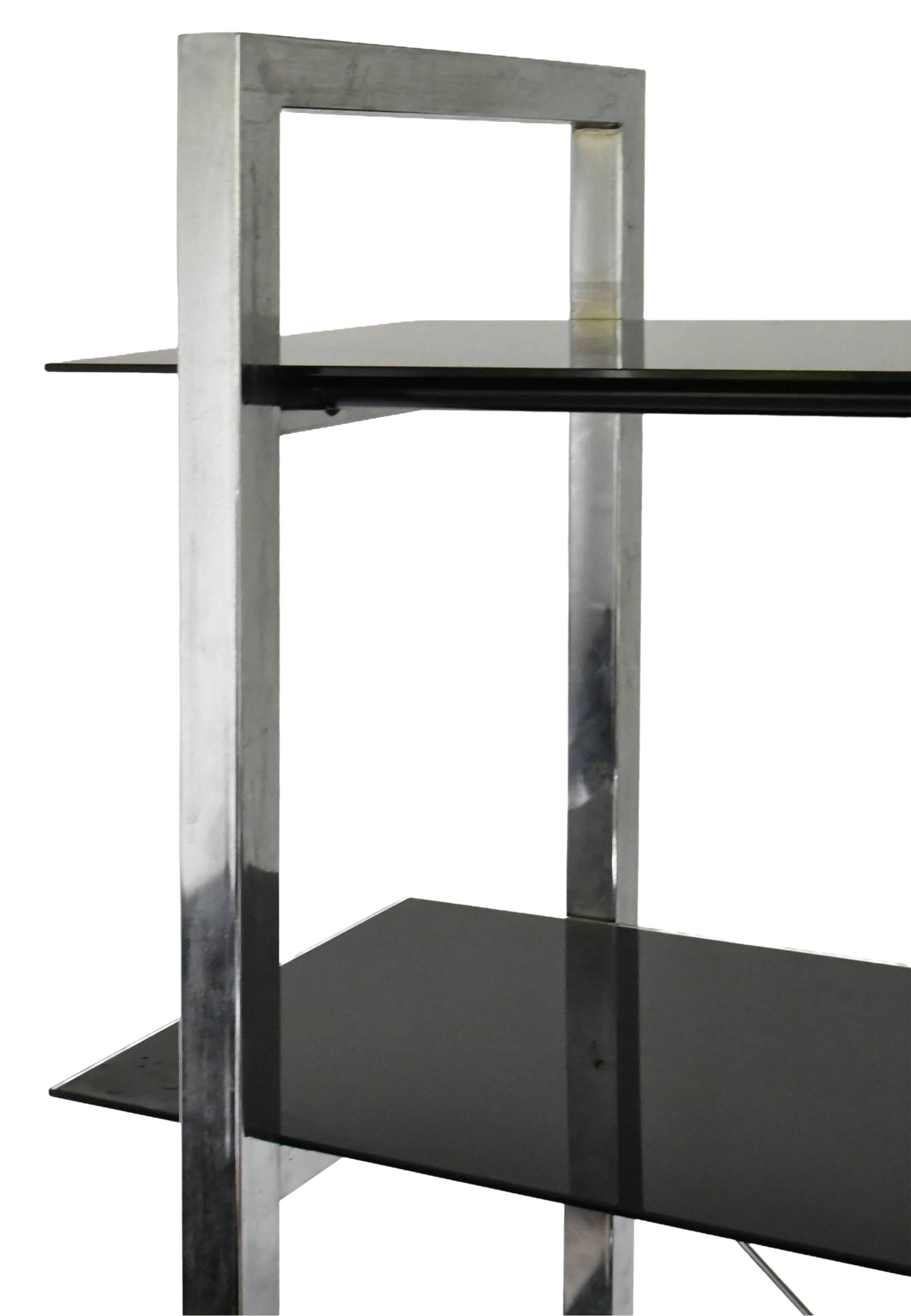 Chrome metal and black glass shelf with 5 levels.