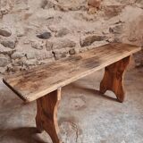 Antique pine bench – France, 1920s – Rustic wooden seat with bell