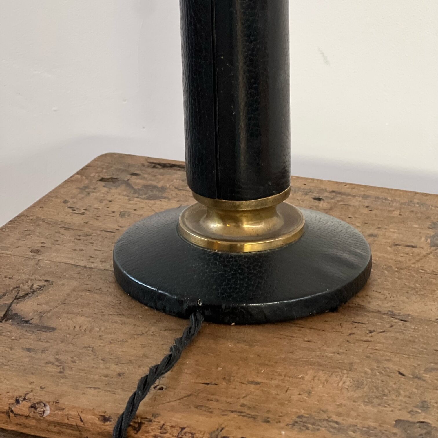 French mid-century black leather and brass table lamp