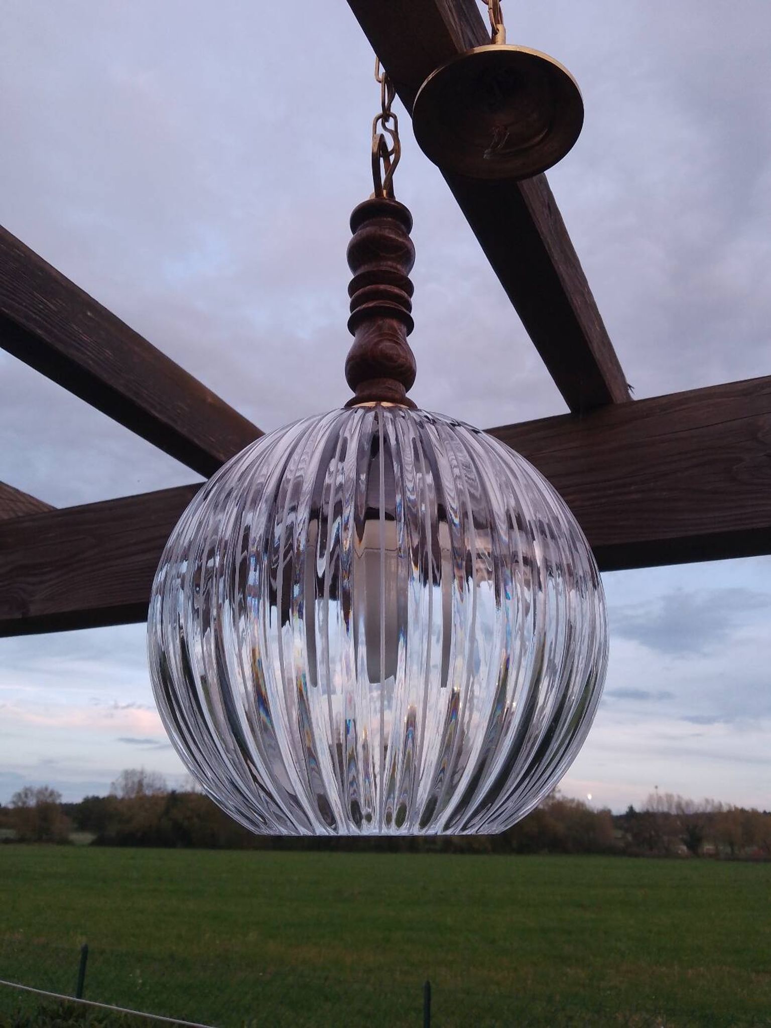 Suspension ball in thick striated glass design lighting year 1980 space age