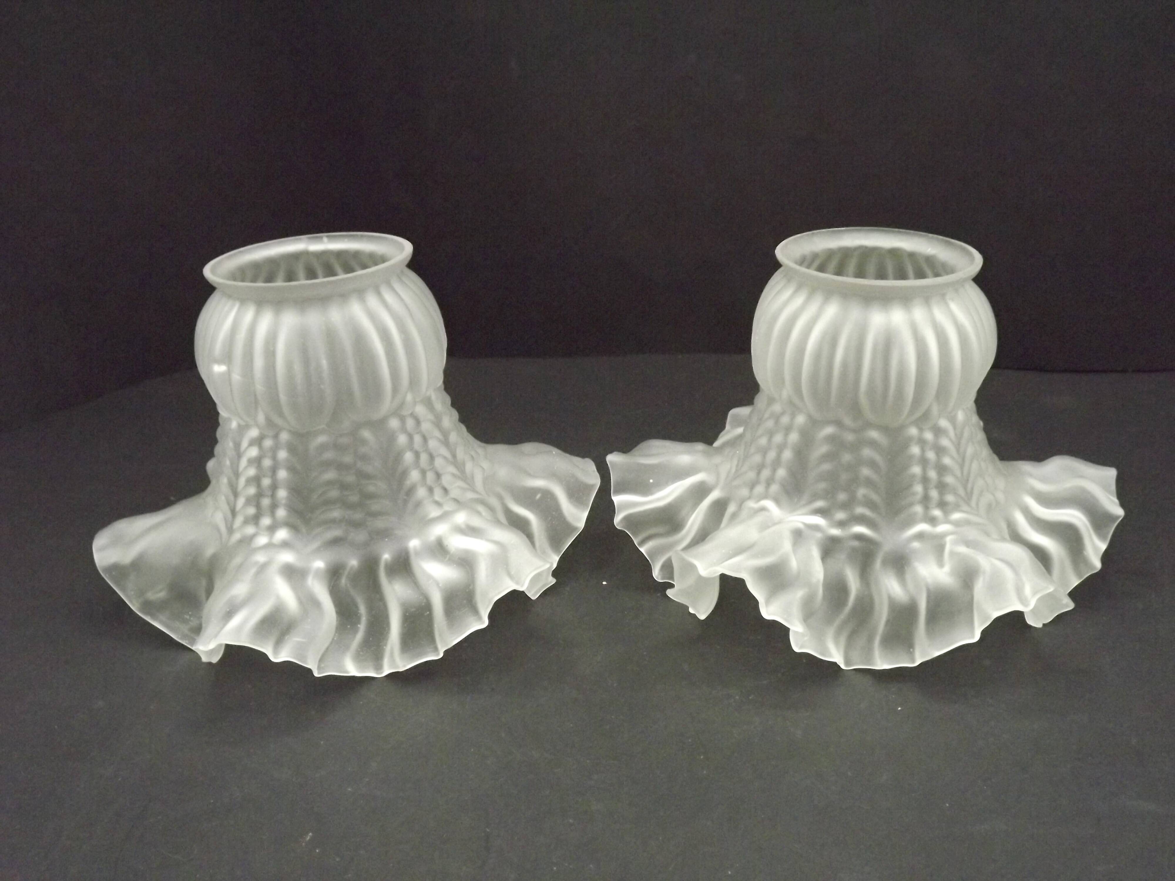 Pair French 1930s White Opaque Patterned Glass Replacement Shades 0161