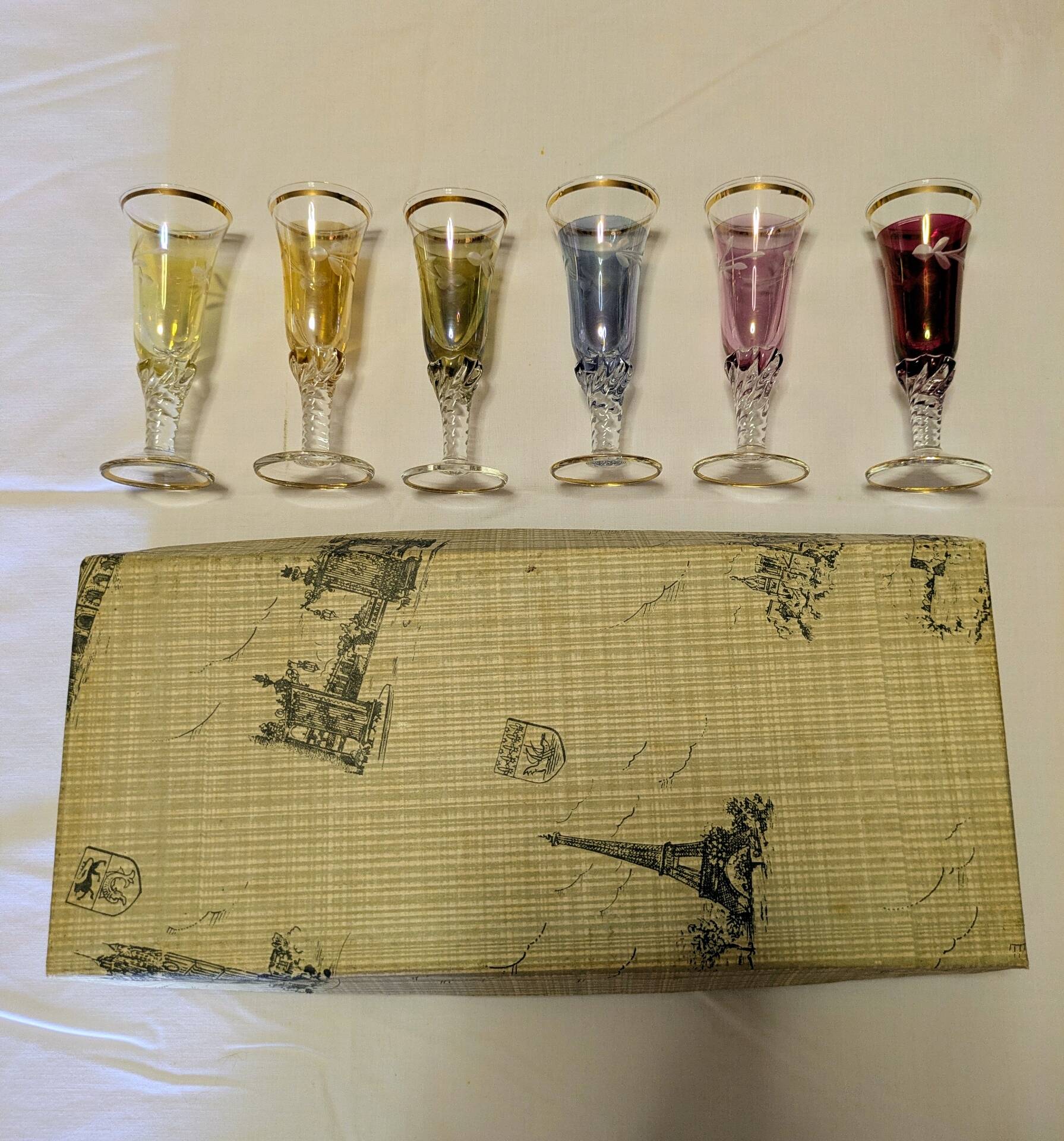 Vintage liqueur glasses in perfect condition in their original box.