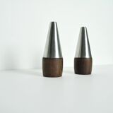 Danish Modern Pair of Rosewood and Stainless Steel Salt and Pepper Shakers