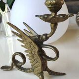 Pair of bougeoirs antiques dragons winged / chimeras / phoenix, style napoleon iii, 19th. in gilded bronze