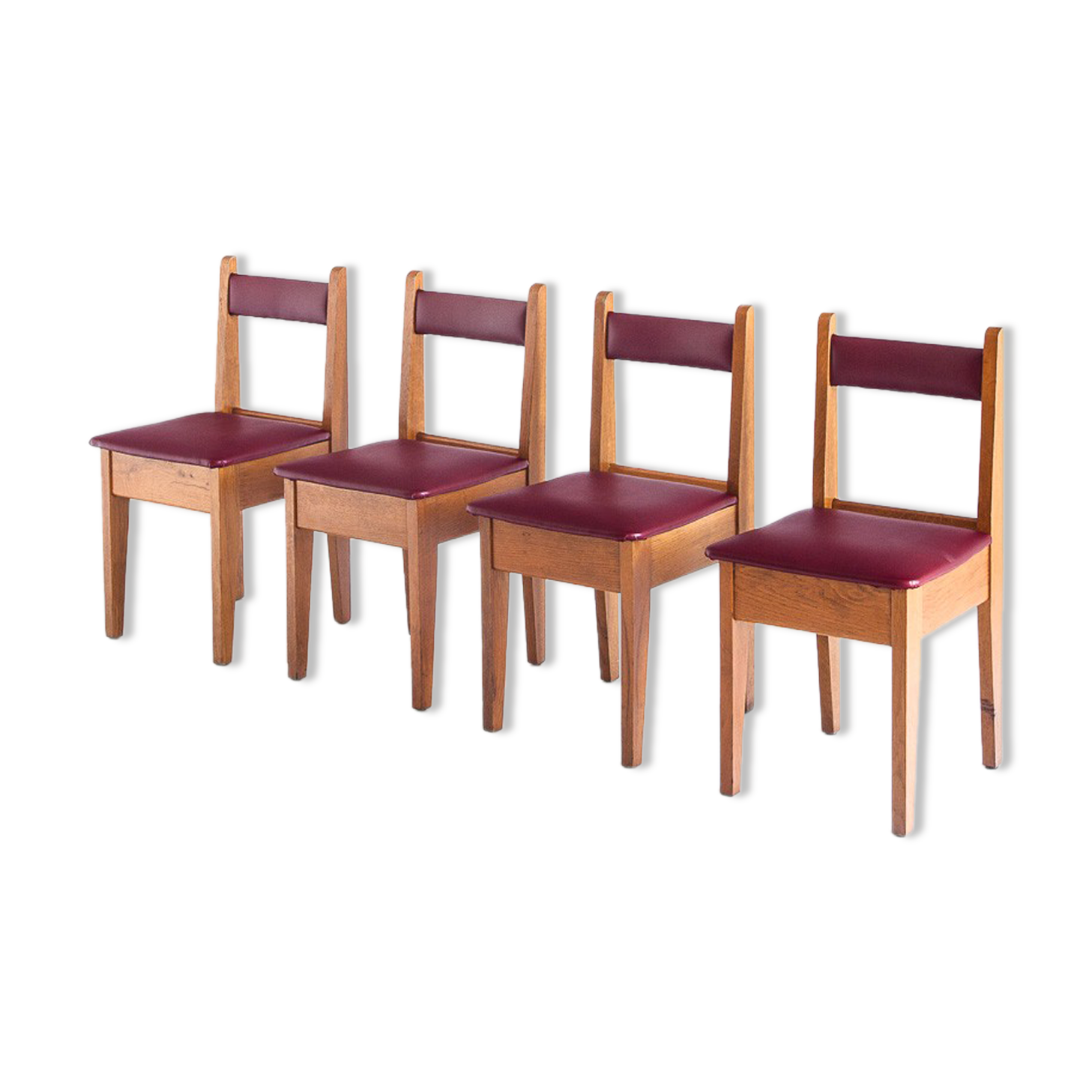 Set of 4 vintage oak wood and Eskai chairs, France 1960.