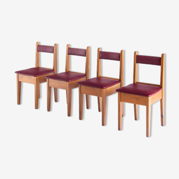 Set of 4 vintage chairs in oak wood and eskai, France 1960
