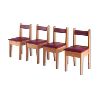 Set of 4 vintage chairs in oak wood and eskai, France 1960