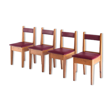 Set of 4 vintage oak wood and Eskai chairs, France 1960.