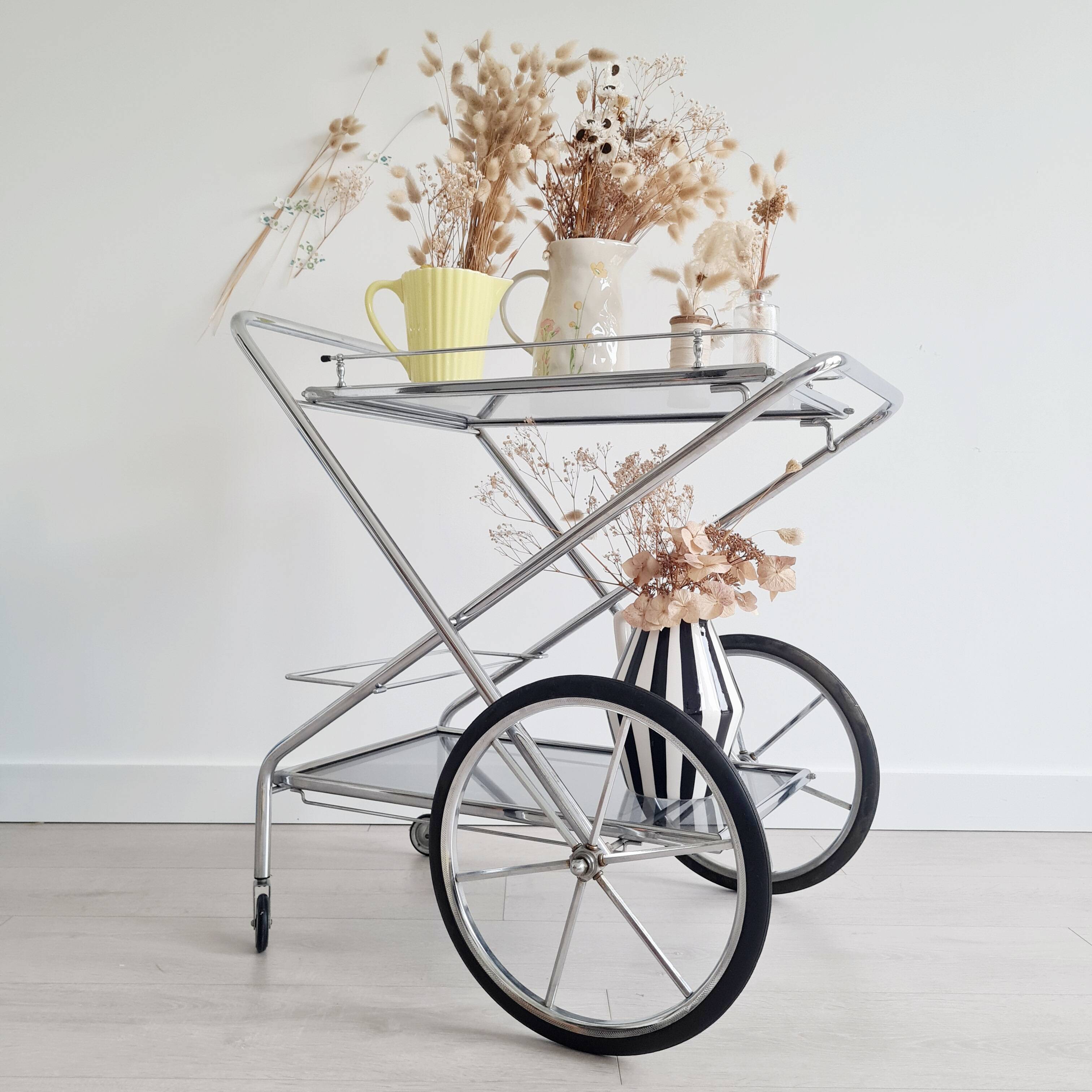 Rolling trolley - chrome and glass shelves