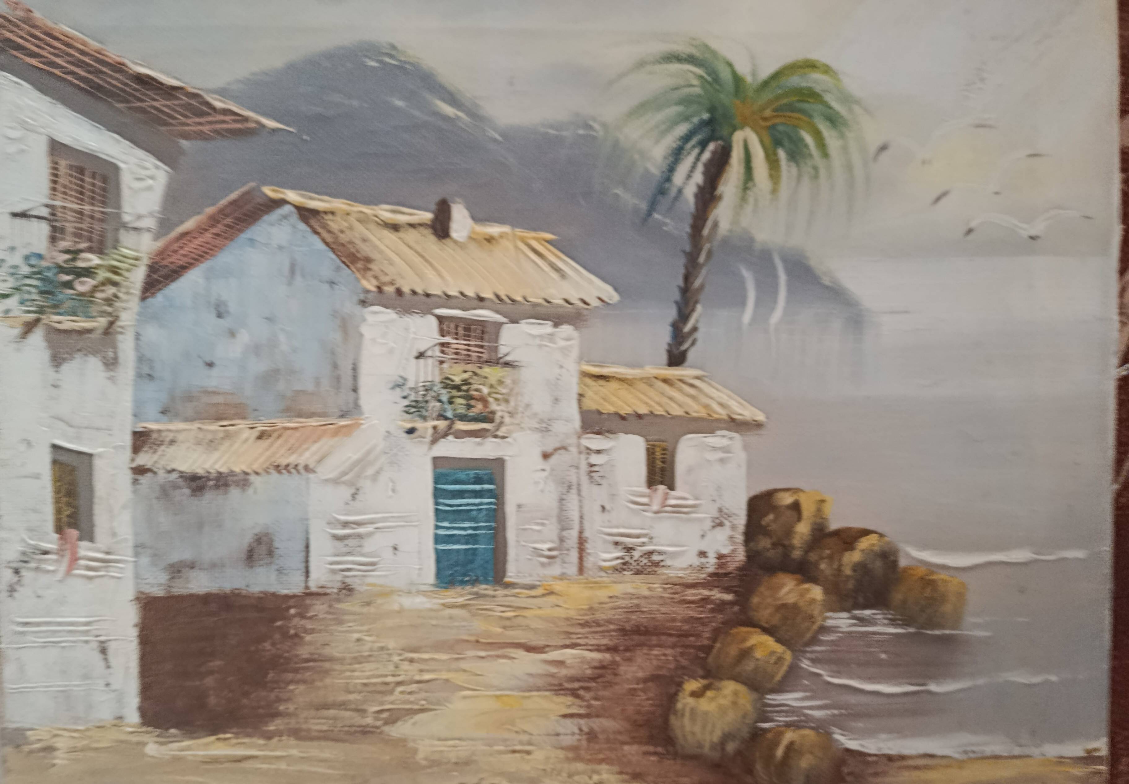 Hst 20th century signed solana: fishermen's houses, palm tree, tenerife, canary islands, spain