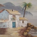 Hst 20th century signed solana: fishermen's houses, palm tree, tenerife, canary islands, spain