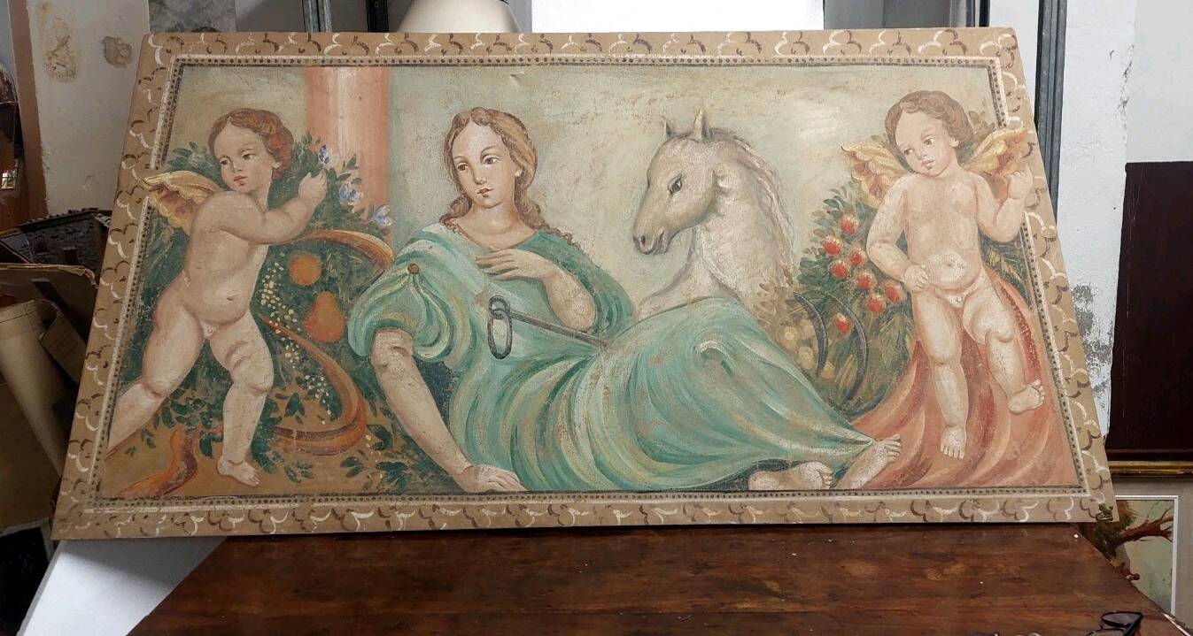 Allegory large painted tempera panel on decorative canvas 170x80 cm
