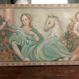 Allegory large painted tempera panel on decorative canvas 170x80 cm