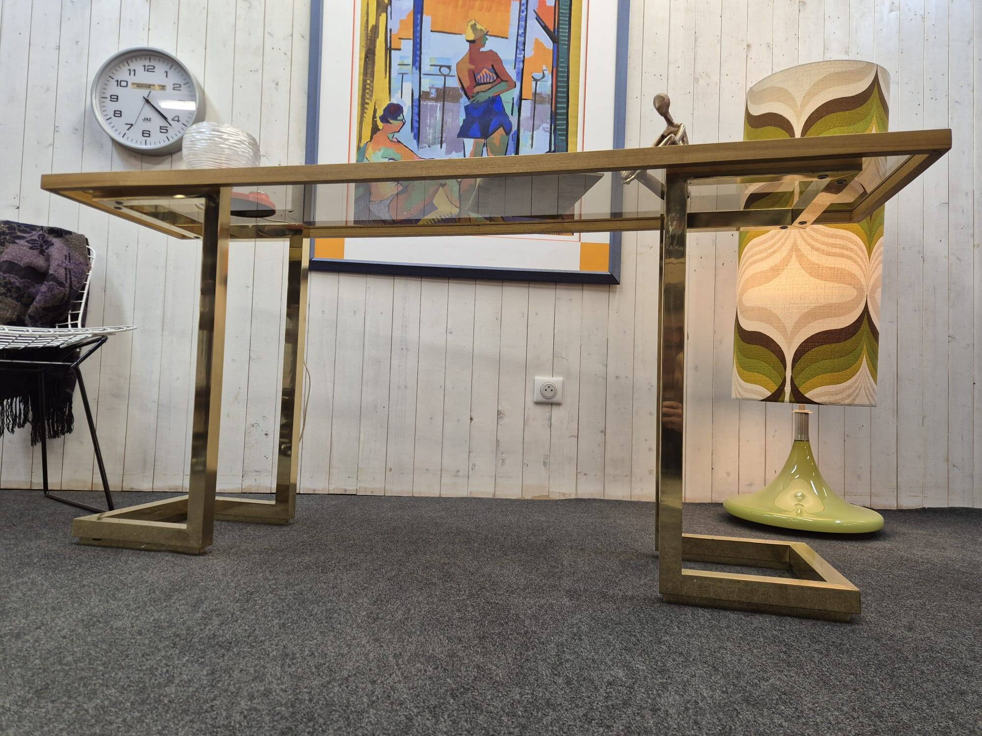 Vintage brass and smoked glass console.