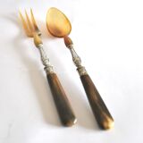 Antique horn salad cutlery – shell decoration 1900
