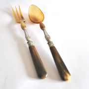Antique horn salad cutlery – shell decoration 1900