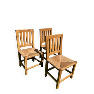 Trois chaises en bois brutaliste en orme 80's