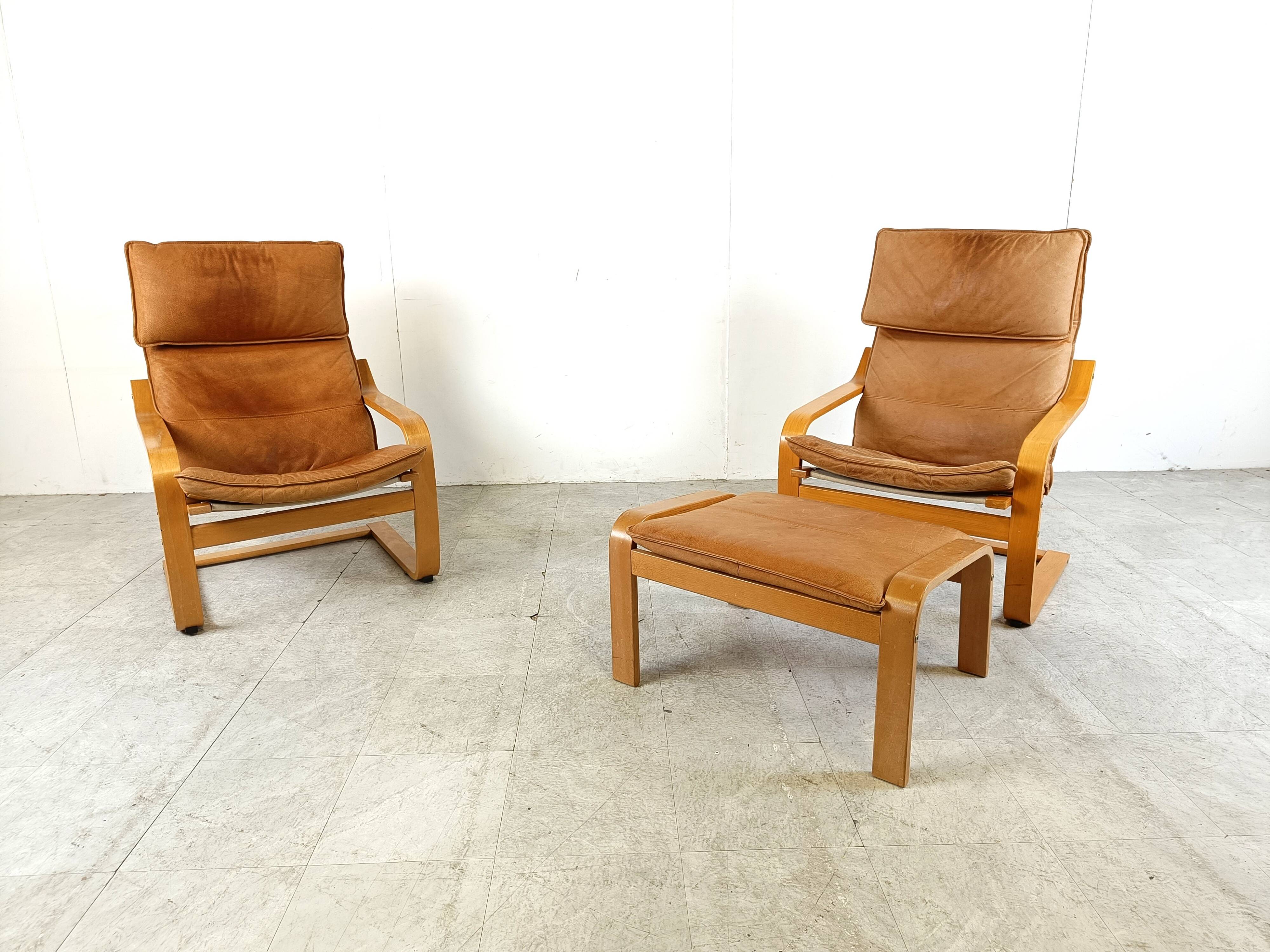 Leather Poäng Chairs & Footrest by Noboru Nakamura for IKEA, 1990s