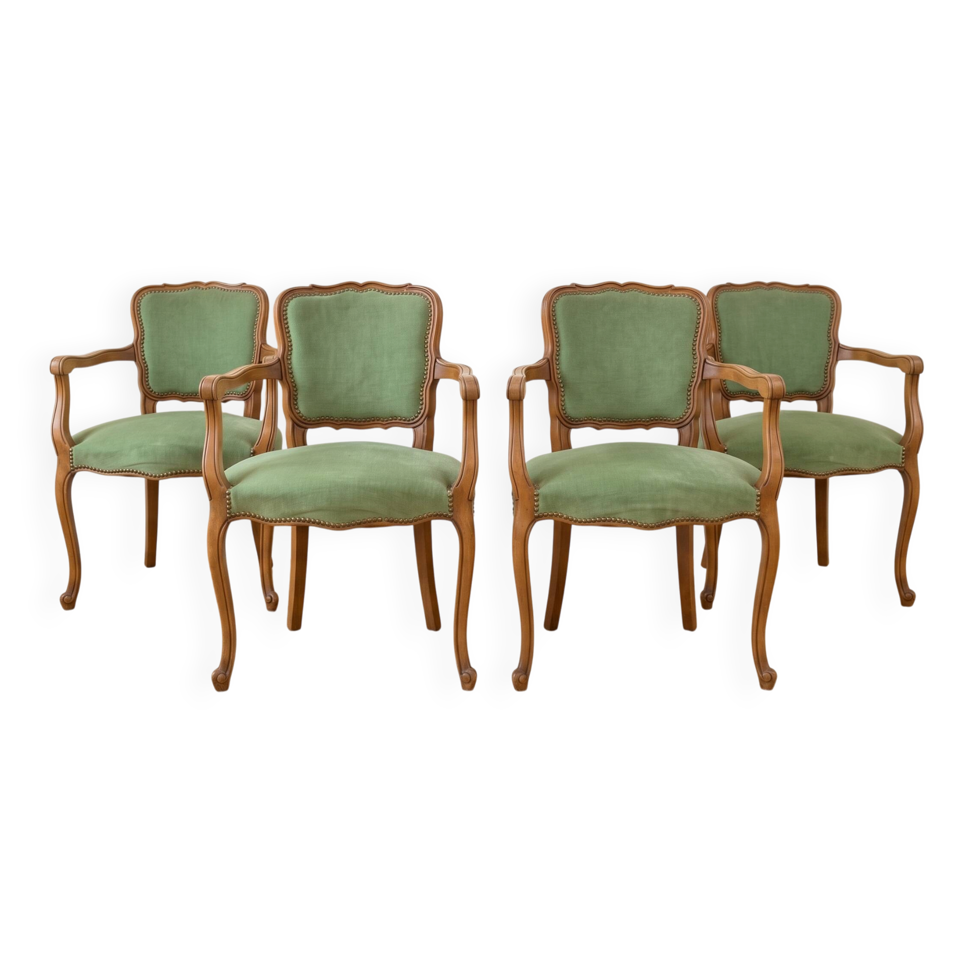 Set of 4 Louis XV style cabriolet armchairs in green fabric.