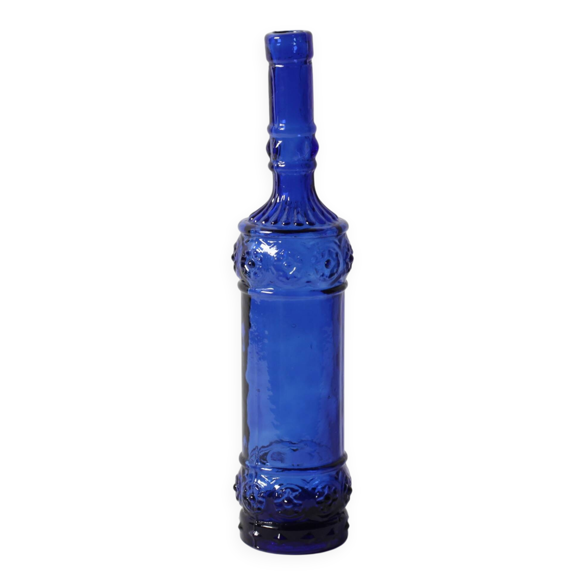 Bouteille décorative en verre bleu cobalt avec bouchon en liège / Espagne / Années 1990