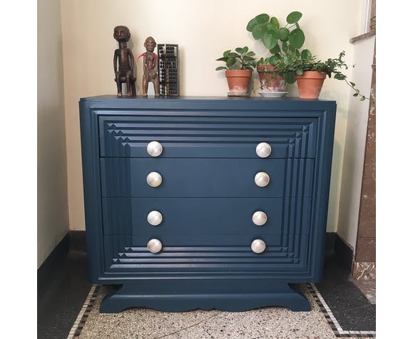 Wooden art deco dreser painted blue
