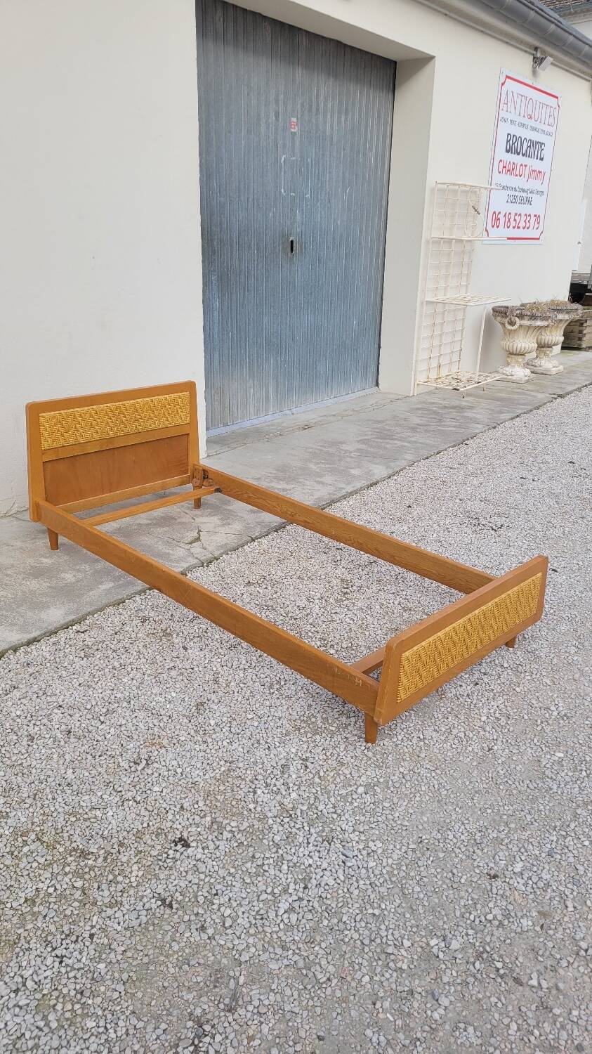 Vintage rattan and solid oak bed 1950s design