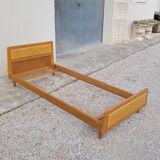 Vintage rattan and solid oak bed 1950s design