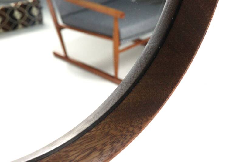 Round teak danish mirror with leather strap