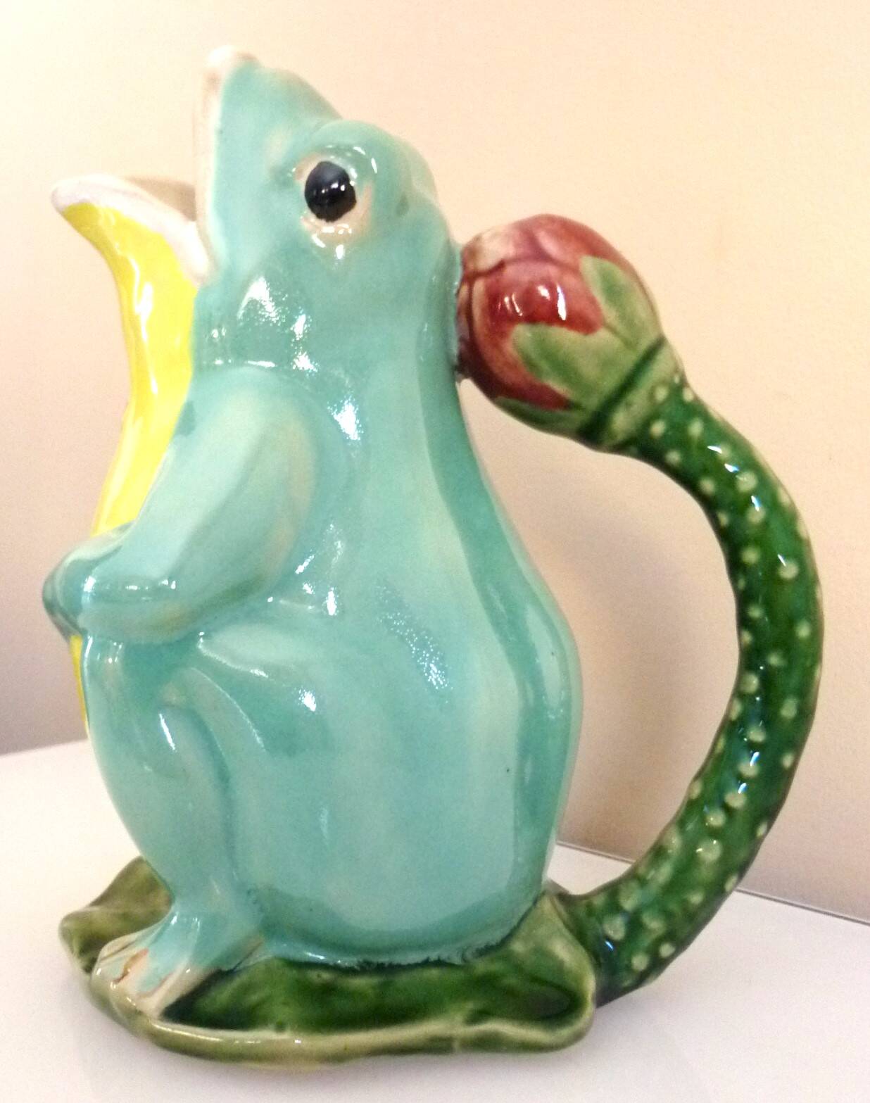 Frog pitcher, glazed ceramic, slipware, signed Athezza Franca