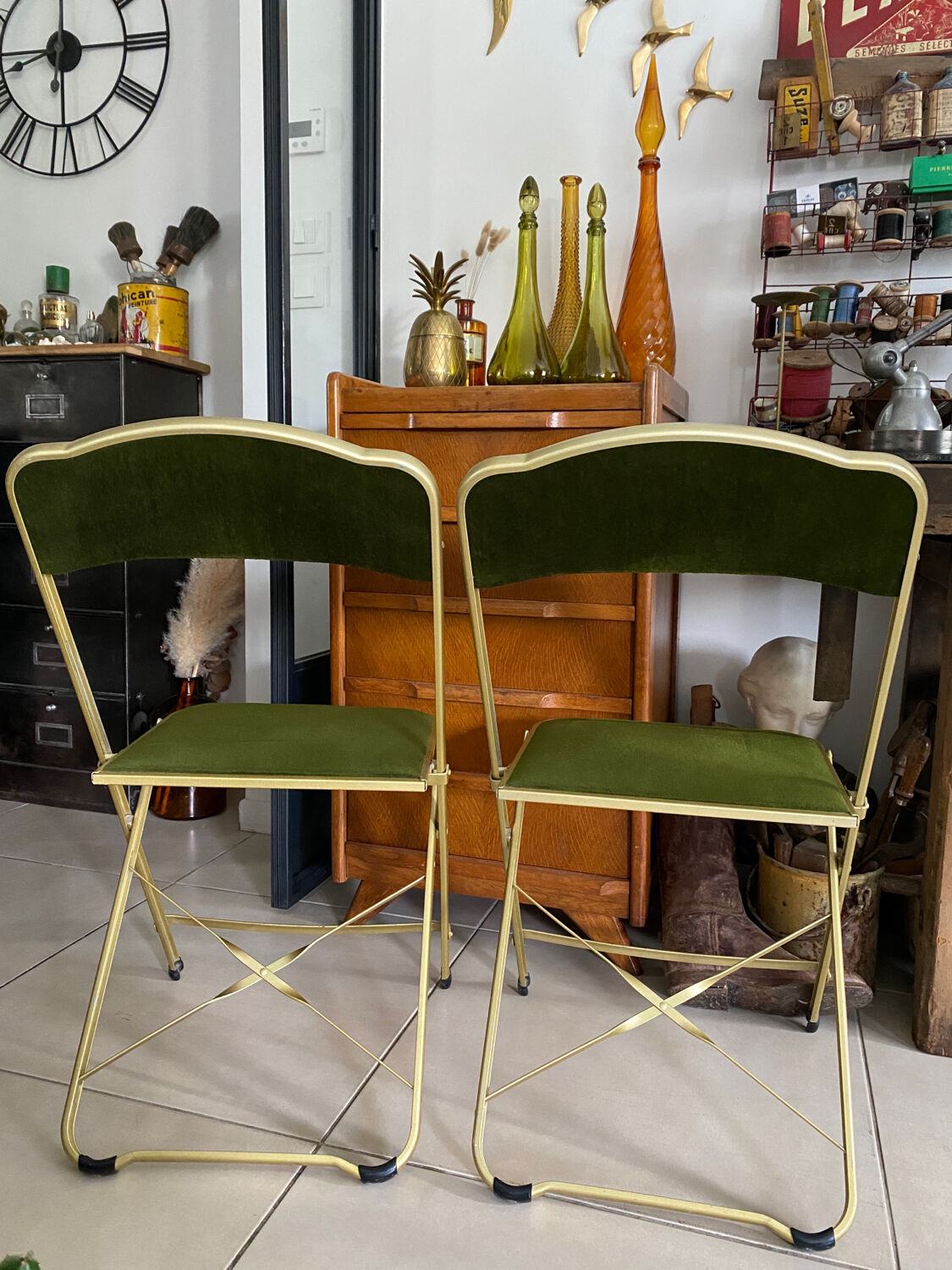 Pair of vintage green velvet folding chairs