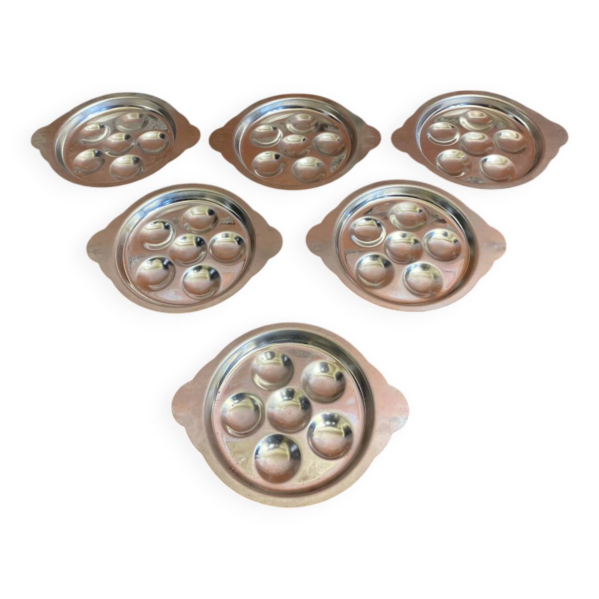 Set of 6 Stainless Steel Escargot Plates with 6 Compartments Made in Japan Used