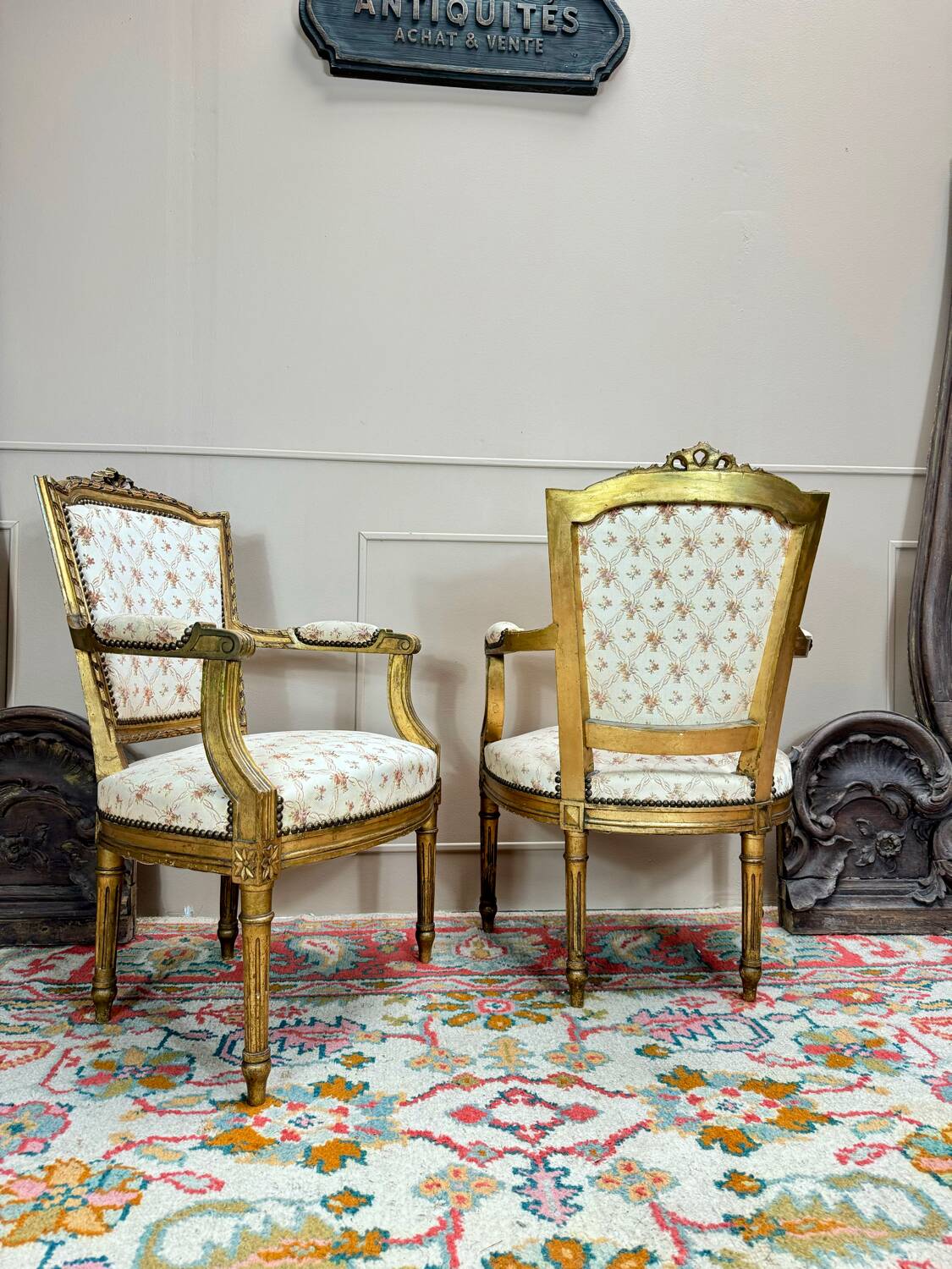 Pair of louis xvi style gilded wood armchairs, 19th century