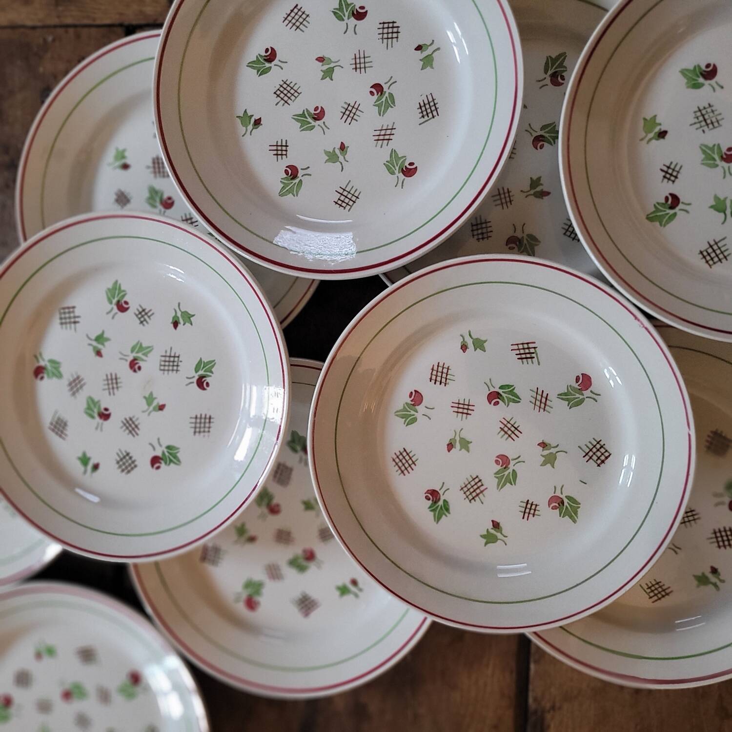 11 dinner plates decorated with stylized roses. 1950s. 11 dinner plates
