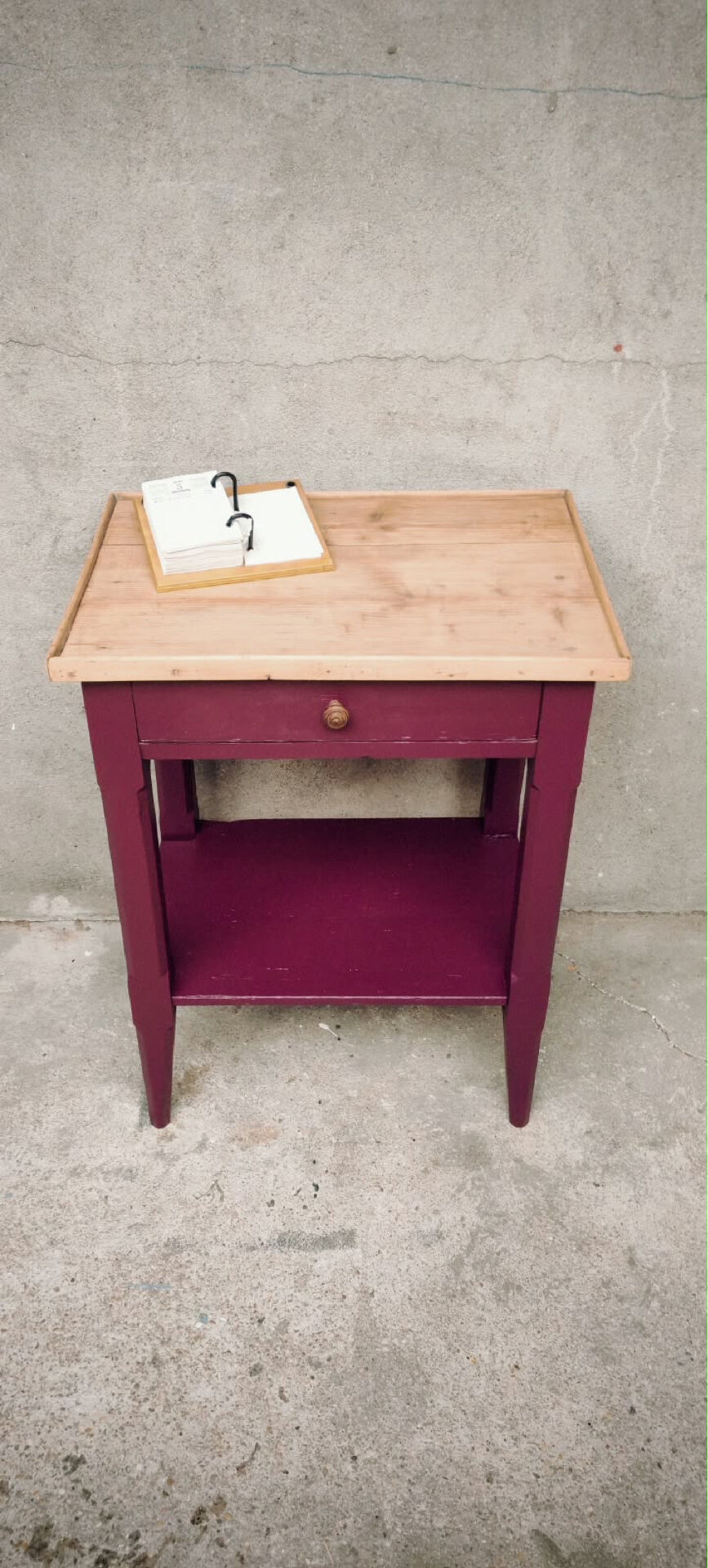 Wood and aubergine bedside table