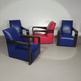 4 x Vintage Ying lounge chairs / fauteuils van Hugues Chevalier,'90. 3 x blue / 1 x red leather