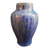 Blue and ocher Pierrefonds enameled vase with delicate crystallization glazes. Art Deco.