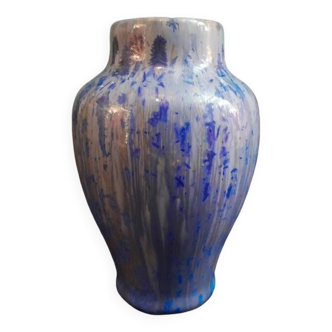 Vase émaillé Pierrefonds bleu et ocre avec délicates glaçures à cristallisation. Art Déco.