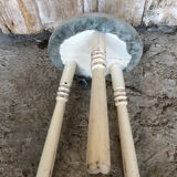 White Wood Tripod Milking Stool + Vintage Blue Gray Velvet Seat #A292